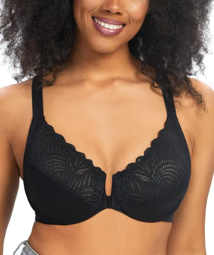 Vista 4 de HACI Brasier con cierre frontal para mujer, sin forro, espalda en T, talla grande, encaje, sin relleno, cobertura completa, espalda cruzada