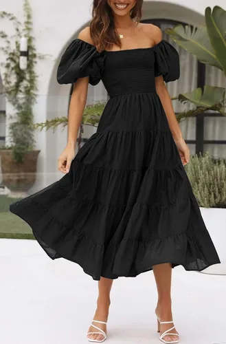 Vista 3 de LILLUSORY Vestido maxi elegante de verano de manga corta con hombros descubiertos para mujer