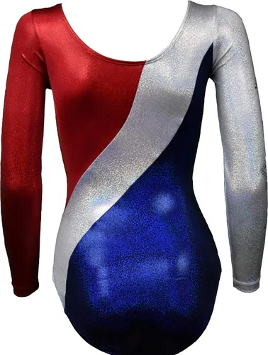 Vista 6 de Look-It Activewear Leotardo de gimnasia de manga larga con brillo rojo, blanco y azul para niñas y mujeres