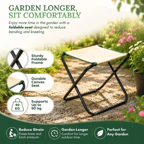 Vista 6 de GardenHOME Juego de herramientas de jardinería de 7 piezas, herramientas de acero inoxidable con asas de madera, taburete plegable y bolsa de lona