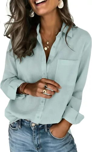 Vista 14 de Zeagoo - Blusas de lino con botones para mujer, de gasa, algodón, manga larga, blusas informales con cuello, corte holgado