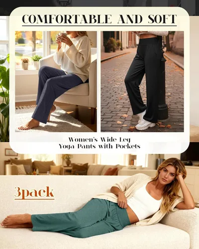 Vista 9 de Neer - Conjunto de 3 pantalones de yoga de pierna ancha para mujer - Pantalones deportivos cómodos, holgados, de cintura alta y casuales