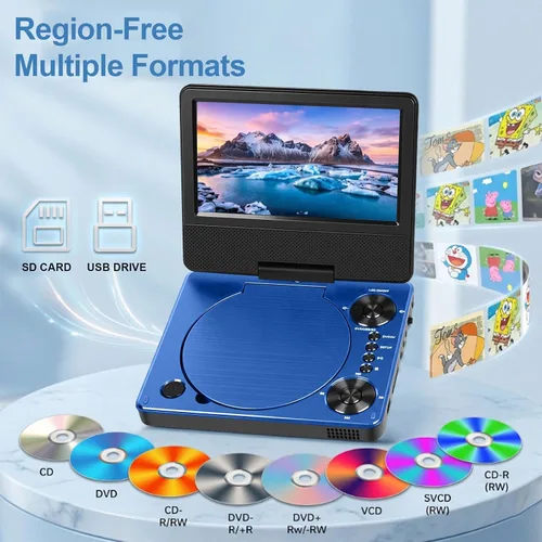 Vista 4 de HotHat Reproductor de DVD portátil de 7.5 "pantalla giratoria HD para niños Azul