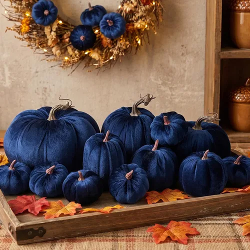 Vista 3 de Gresorth 12 calabazas artificiales de terciopelo grandes, decoración de Azul