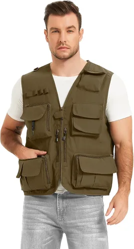 Vista 8 de Flygo Chaleco de carga para hombre, casual, ligero, al aire libre, pesca, trabajo, safari, viajes, fotos, con múltiples bolsillos