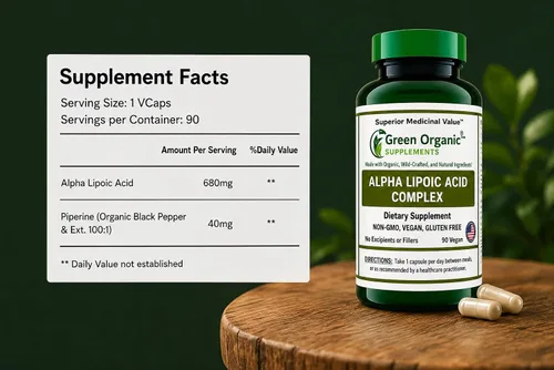 Vista 9 de Green Organic Supplements' Alpha Lipoic Acid Complex, ALA, 90 VCaps Alpha Lipoic Acid Capsules (Pack of 1)
