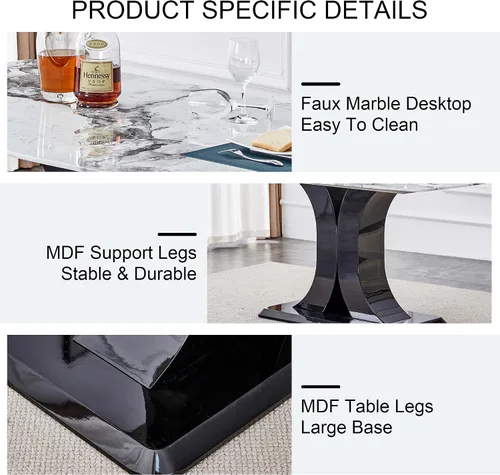 Vista 5 de Juego de mesa de comedor de mármol para 6, moderno juego de sillas de mesa de cocina para 6, 7 piezas, mesa de cocina rectangular de cristal