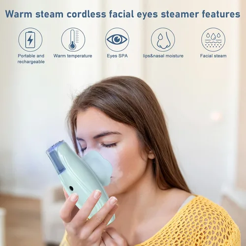 Vista 3 de Vaporizador facial y spa de ojos 2 en 1. Mini vaporizador facial profesional portátil para limpieza profunda facial, el vapor iónico de mano de Dama
