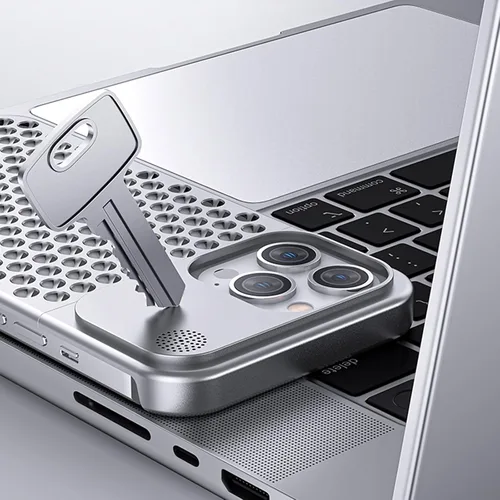 Vista 8 de Funda para teléfono compatible con iPhone 15 Pro Max de aleación de aluminio disipación de calor, transpirable, refrescante, hueca, sin bordes, Gris