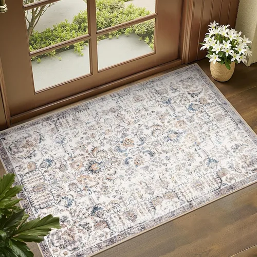 Vista 9 de jinchan Lima - Alfombra simétrica floral geométrica lavable, alfombra de entrada de medio círculo de 2 x 3, alfombra de media luna, suave y Azul