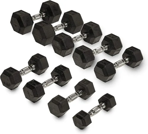 Vista 3 de WF Athletic Supply - Juego de mancuernas hexagonales con revestimiento de goma y peso de 5 a 25 libras; con soporte con forma de A para a. Juego