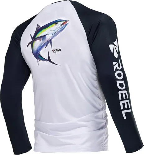 Vista 11 de Rodeel Camisas de pesca para hombre de manga larga que absorbe la tela UPF 50 protección solar camisa de rendimiento a. Negro