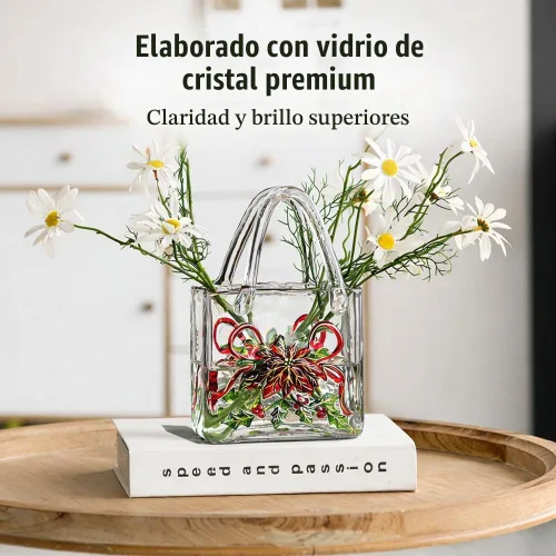Vista 7 de Jarrón con textura floral pintado a mano, jarrón de cristal en forma de bolso de 9.1 pulgadas con patrones 3D, centro de mesa botánico engrosado