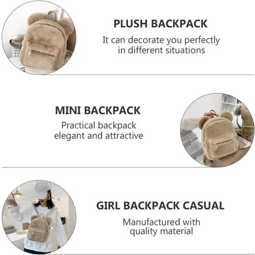 Vista 3 de Sosoport Linda mochila de oso mullido con orejas de oso, mochila kawaii suave y esponjosa, casual, mini bolsa de hombro para niñas, Marrón
