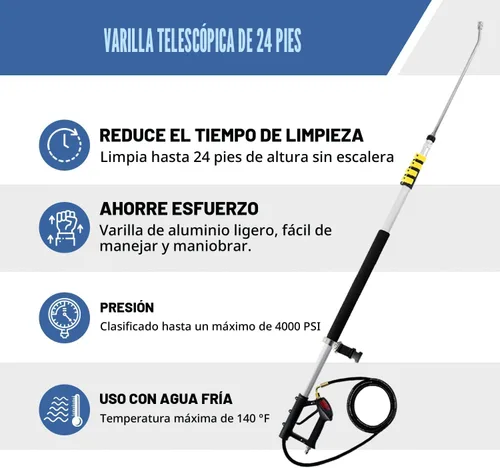 Vista 2 de Janz Varita telescópica de aluminio para lavadora a presión de 24 pies con varita de extensión para lavadora a presión, accesorio limpiador