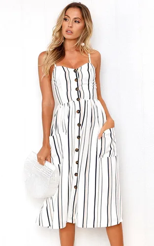 Vista 41 de Angashion - Vestido floral de verano estilo bohemio para mujer, con botones, bolsillos y tiras ajustables