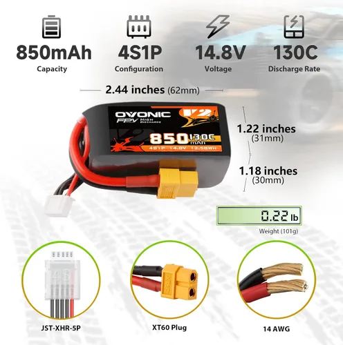 Vista 2 de OVONIC 130C 4S 850mah Lipo Batería 14.8V Pack con XT60 Plug para FPV Racing