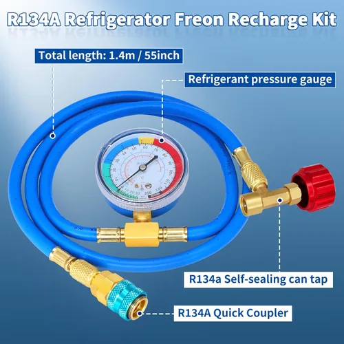 Vista 5 de Manguera de recarga de refrigerante R134a con calibre, kit de recarga de freón para refrigerador A/C R134A con válvulas de perforación de bala