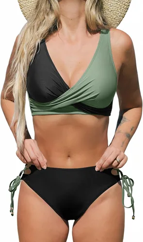 Vista 12 de CUPSHE - Bikini para mujer - Traje de baño de dos piezas con estampado floral y tiras. Negro