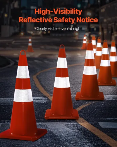 Vista 2 de VEVOR Conos de seguridad, 10 conos de tráfico de 28 pulgadas, conos de construcción naranja de PVC, 2 collares reflectantes con base pesada y anillo