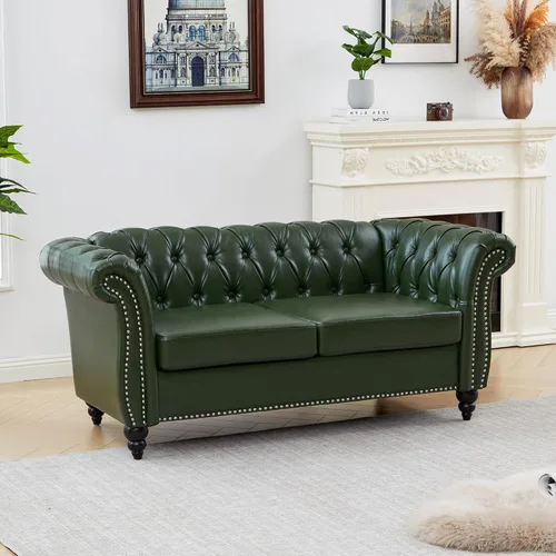 Vista 14 de ORRD Sofá seccional pequeño en forma de L, sofá Chesterfield de cuero copetudo con brazos de desplazamiento y cabeza de clavo para sala de estar