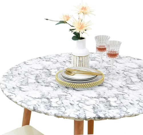 Vista 16 de Rally Home Goods Mantel redondo de vinilo ajustable para interiores y exteriores, respaldo de franela, borde elástico, funda de plástico impermeable