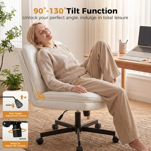 Vista 6 de COMHOMA Silla de oficina Criss Cross Silla de tocador sin brazos con Piel sintética, piernas cruzadas, asiento ancho cómodo, soporte de espalda