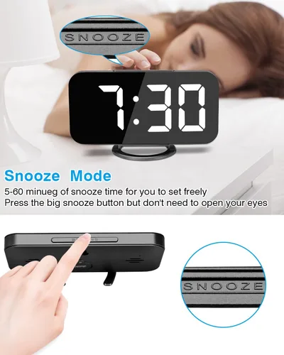 Vista 6 de Reloj despertador digital, relojes electrónicos con espejo LED de 7 pulgadas, con 2 puertos de carga USB, modo de suspensión, ajuste automático