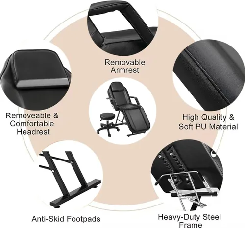 Vista 4 de Roixeeds Silla de tatuaje de 3 secciones, cama de masaje profesional ajustable, silla de cama de tatuaje con taburete de spa y gancho para toalla