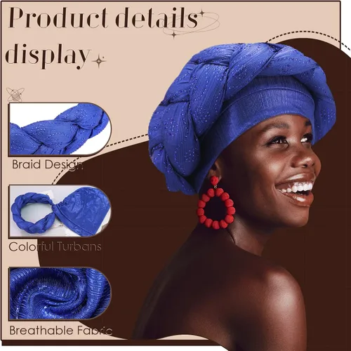 Vista 3 de 4 unidades de turbante africano para mujeres y niñas, con cristales trenzados, suaves y trenzados, para mujeres, talla M
