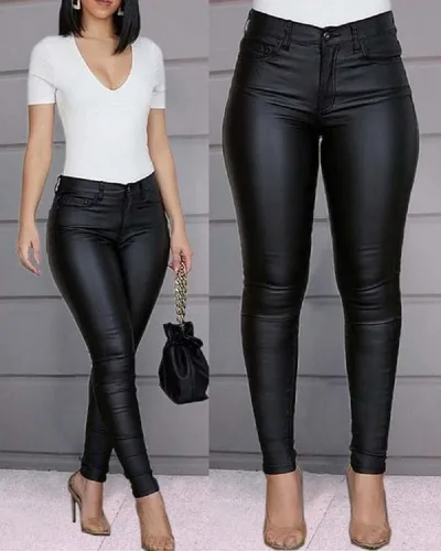 Vista 2 de MKKENLEY Pantalones casuales de piel sintética para mujer, color sólido, pantalones de leggings elásticos y ajustados con bolsillos