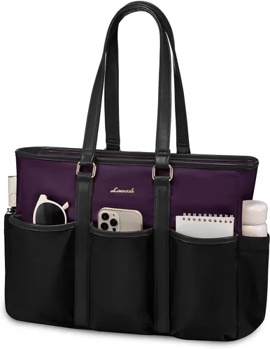 Vista 29 de LOVEVOOK bolso tote vintage para laptop para mujer, Beige-Negro, 15,6 pulg., Moda