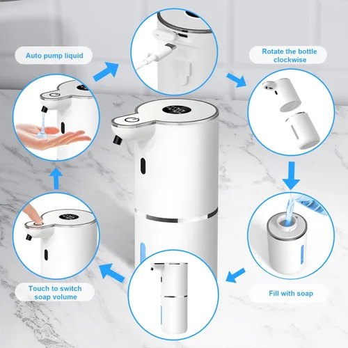 Vista 2 de Dispensador Automático de Jabón Líquido, 6 Niveles Ajustables, Dispensador de Jabón de Montaje en Pared, Recargable por USB con Pantalla LED, 12.8oz