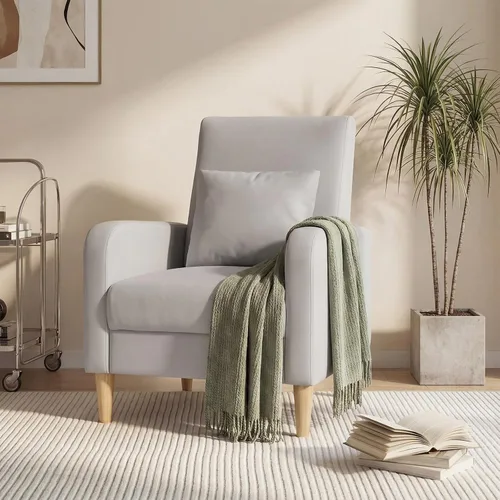 Vista 9 de COLAMY Silla decorativa moderna Mid-Century tapizada de tela con almohada trasera y patas de madera maciza, cómodo sillón para sala de estar Beige