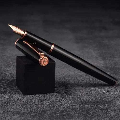 Vista 3 de Hongdian 920 - Pluma estilográfica de metal negro, chapado en oro rosa, pluma de escritura suave, pluma clásica con convertidor de tinta