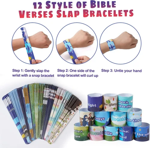 Vista 3 de Kolewo4ever 144 Pieces Bible Verses Slap Bracelets, Religious Christian Slap Bracelets, Scripture Inspirational Bible Wristbands, 12 Styles