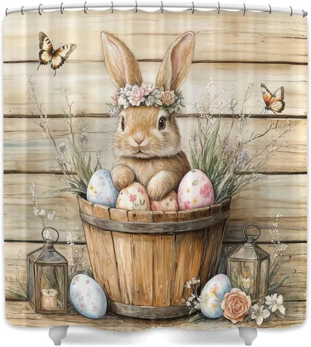 Vista 9 de Wathon Bonita cortina de ducha de conejo de Pascua, juego de decoración de baño con mariposa floral, tela de tela, juego de decoración de baño