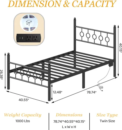 Vista 2 de Jenmit Bases de cama individuales con cabecero, estructura de cama LED con estación de carga, plataforma de metal, almacenamiento bajo la cama,