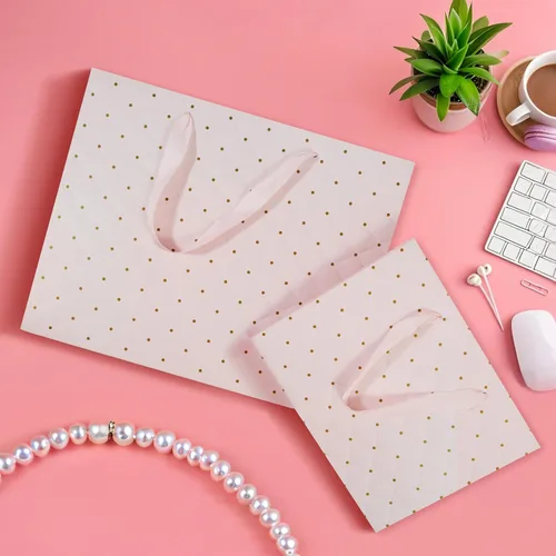 Vista 6 de Bolsas de regalo rosas con papel de seda y asas, bolsa de regalo de papel grande de 13 pulgadas y mediana de 9 pulgadas para niñas, despedidas
