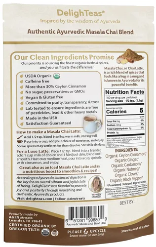 Vista 2 de DelighTeas Masala Chai orgánico en polvo con taza de té inspiradora Especias ayurvédicas para té chai latte, batido, cocina Sin azúcar, vegano