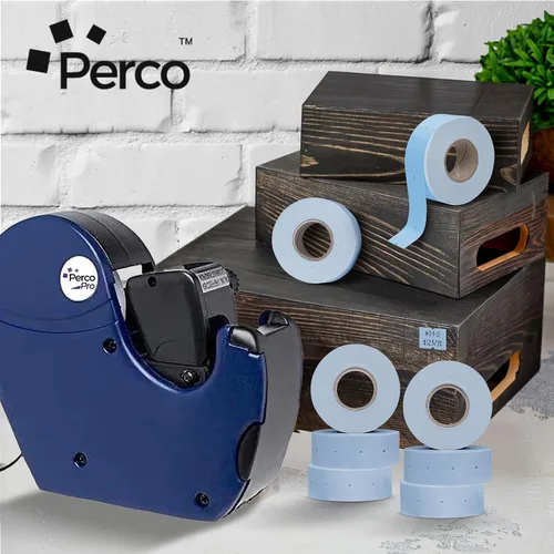 Vista 7 de Perco Etiquetas azules de 2 líneas, 6,000 etiquetas de precio en blanco y fecha para pistolas Perco de 2 líneas de precio y fecha, 8 rollos, 1
