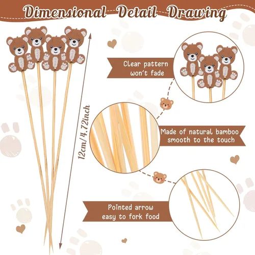 Vista 2 de Tioncy 100 unidades de palillos de cóctel con diseño de oso, palillos de dientes de oso de 4.7 pulgadas para aperitivos, pinchos de bambú