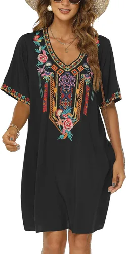 Vista 2 de Grosy Vestidos campesinos mexicanos bordados para mujer, vestido bohemio de fiesta de talla grande para mujer, túnica bohemia floral tradicional