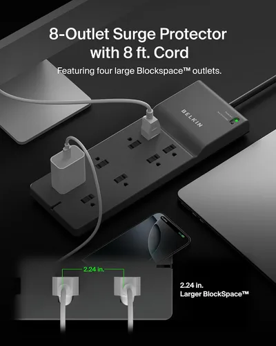 Vista 2 de Belkin - Protector de sobretensiones de 8 salidas con 8 tomas de corriente alterna y enchufe plano de 8 pies de largo, cable de extensión resistente