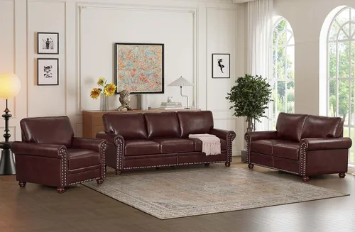 Vista 8 de Antetek Juego de sofá de piel sintética de 3 piezas, sillón moderno de mediados de siglo+sofá biplaza+sofá de 3 plazas con espacio de Marrón