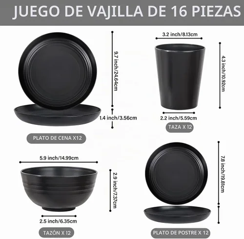 Vista 2 de LIYH - Juego de vajilla de paja de trigo irrompible de 16 piezas, color Negro