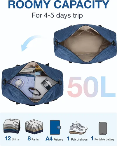 Vista 4 de BAGSMART - Bolsa de viaje grande de 40 litros, bolsa de mano para hombres y mujeres, con compartimento para zapatos, color negro, Azul Marino-50L