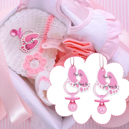 Vista 7 de Tondiamo 24 chupetes acrílicos para bebé, collar con etiquetas de pie, chupetes rosados, chupetes para recién nacidos, baby shower, lindos chupetes