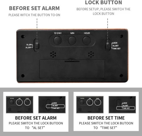 Vista 4 de Everwood - Relojes de alarma digitales grandes de madera para dormitorios con pantalla LCD de números grandes, función de repetición, funciona
