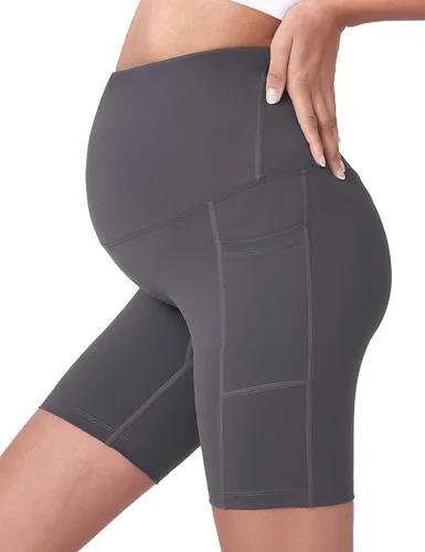 Vista 2 de POSHDIVAH - Pantalones cortos de yoga para embarazadas, cubren la barriga, pantalones deportivos cortos para correr, hacer ejercicio y el verano